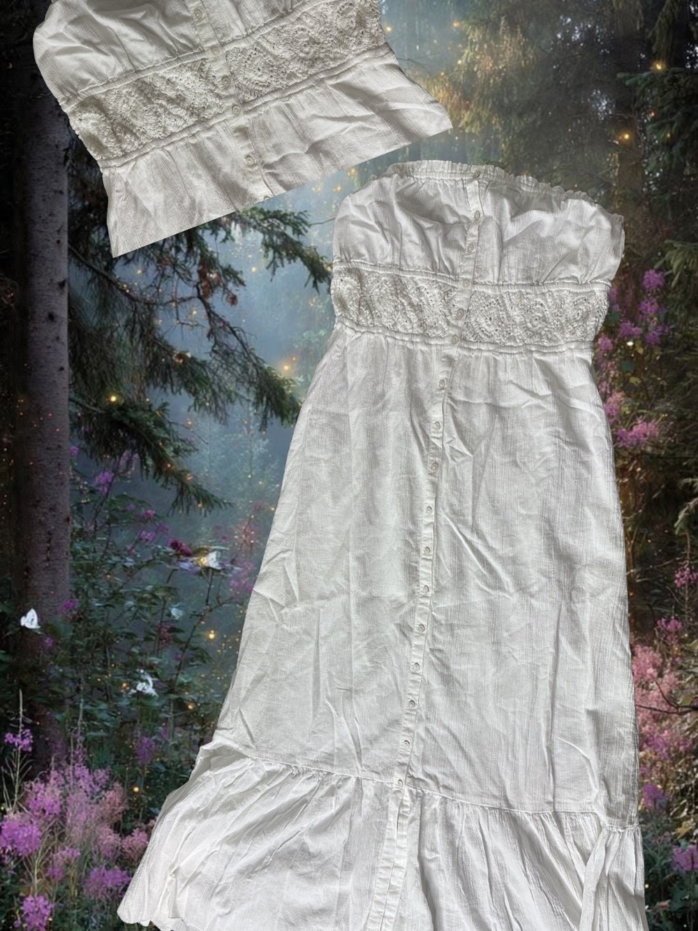 aerie White Strapless Maxi Dress with Lace Bodice